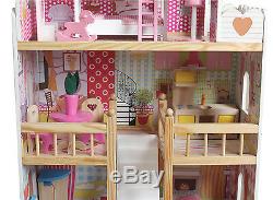Wooden Dollhouse Large Barbie Play House with Furniture Accessories 17PCS