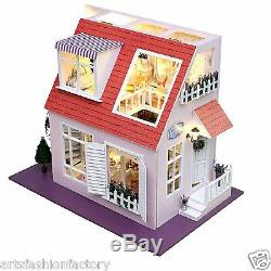 Wooden Dollhouse Miniatures DIY House Kit withLed Light Beach House Vacation house