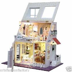 Wooden Dollhouse Miniatures DIY House Kit withLed Light Beach House Vacation house