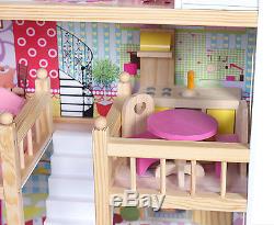 Wooden Dollhouse Toys Girls Dolls House Play Set With 17PCS Furniture Staircase