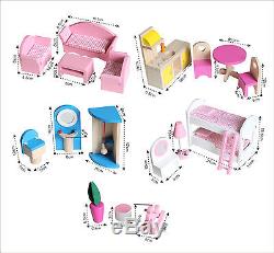 Wooden Dollhouse Toys Girls Dolls House Play Set With 17PCS Furniture Staircase
