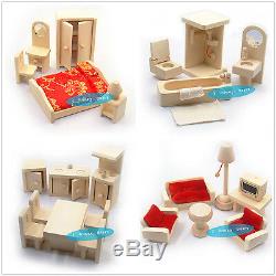 Wooden Dolls House Furniture 4 Sets Bedroom Kitchen Bathroom&Living Room+6 Dolls