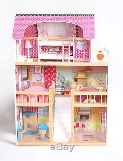 Wooden Dolls House Kids Doll House With 17PCS Furniture & Staircase