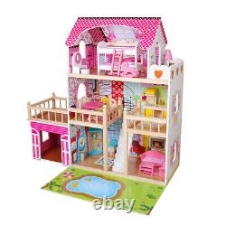Wooden Dolls House for Girls, Large Dollhouse Toy for Kids with pool and lights