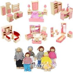 Wooden Furniture Doll House Family Miniature 6 Room Set Dolls For Child Kid IE