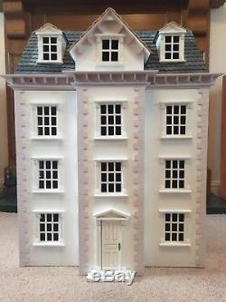 Wooden Georgian Style Dolls House pale pink/white. Furnished & in g/c