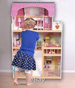 Wooden Kids Doll House With 17PCS Furniture & Staircase Barbie Dollhouse