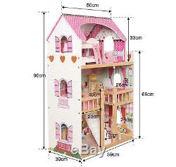 Wooden Kids Doll House With 17PCS Furniture & Staircase Barbie Dollhouse