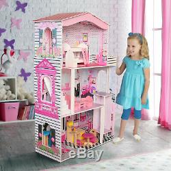 Wooden Kids Doll House With 17PCS Furnitures 3 storey Barbie Dollhouse Cottage